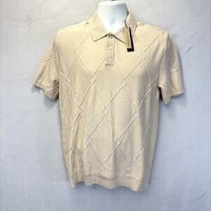 NWT Tahari Knit Polo Shirt Mens Small Beige Textured Argyle Short Sleeve $68 NEW